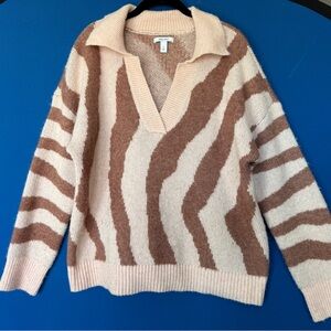 Nine West Pink & Brown Zebra-Stripe V-Neck Sweater